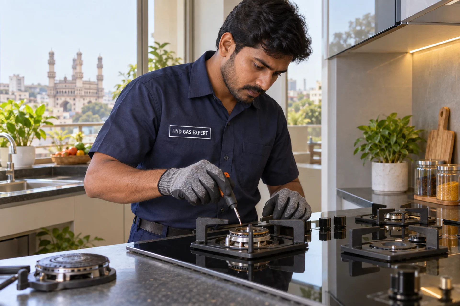 Technician checking a built-in gas hob